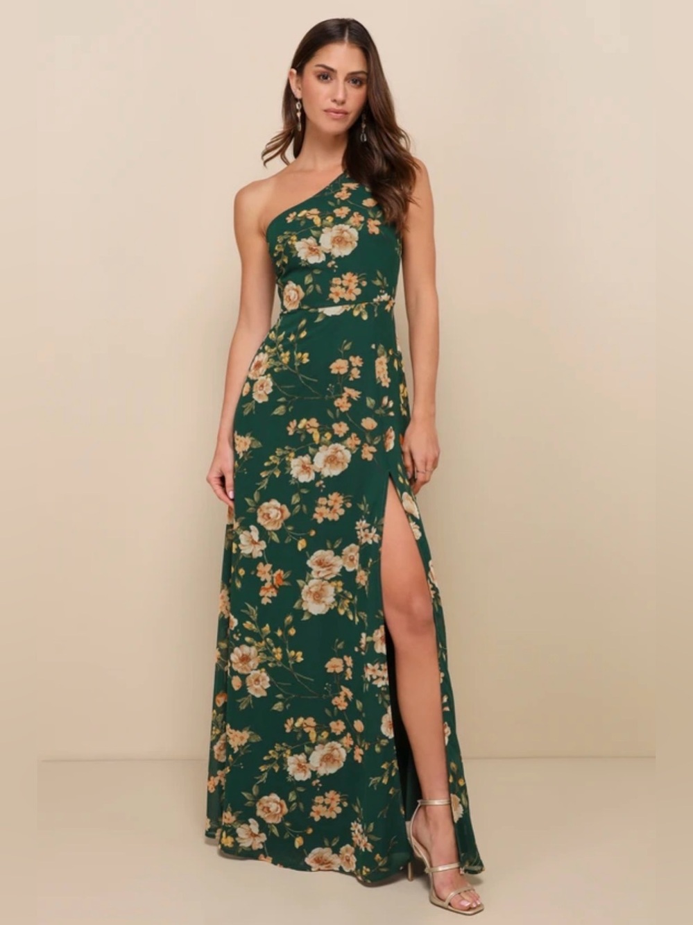 Lulus Elegant Admiration Emerald Green Floral One-Shoulder Maxi Dress Size L NWT